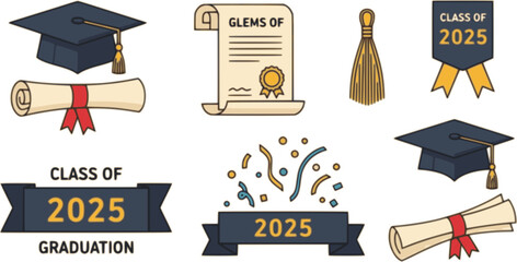 vector set of Graduation class of 2025 year education vector icon stamp