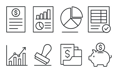 Financial management linear icons set – outline, accounting, and budget tools