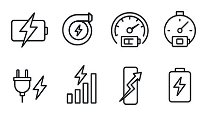 Speedy charging line icons set – electrical, fast charging and power symbols