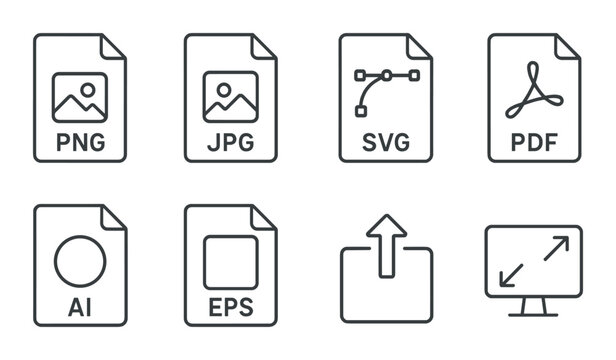 File format silhouette icons set – outline, document and extension symbol collection