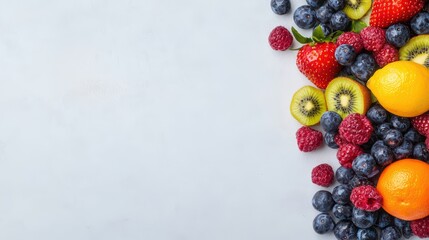 Fresh Assortment of Whole Fruits Including Berries, Citrus, and Kiwi Arranged on a White Background