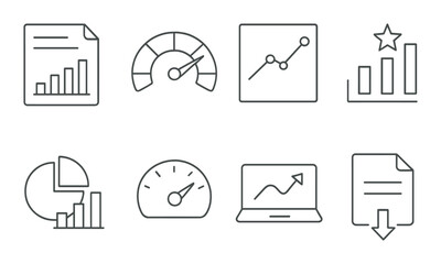 Seo metric outline icons set – analytics, performance, and data visualization elements