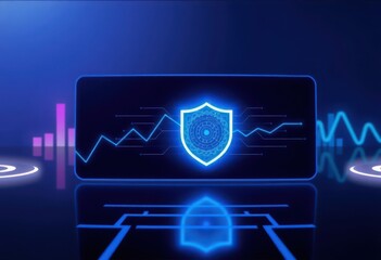 Security Zero trust concept. A glowing shield icon with digital lines and graphs on a futuristic screen, symbolizing cybersecurity and data protection in a high-tech environment.