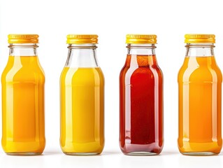 Colorful Bottles of Juice on White Background Displaying Different Shades and Variations of Flavorful Beverages