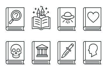 Book genres outline icons set – silhouette, literature and storytelling symbols