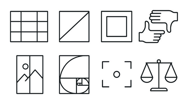 Photography composition line icons set – outline, framing and symmetry symbols