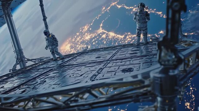Space explorers conduct an extravehicular activity (EVA) on an orbital station's exterior. The planet Earth, with its illuminated urban areas, is prominently visible below against the dark cosmos.