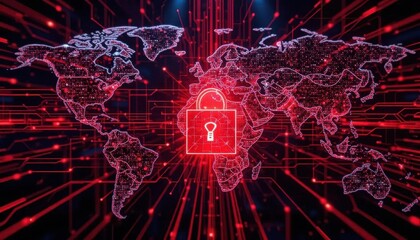 Security Zero trust concept. Digital world map with a red padlock symbolizing global cybersecurity and data protection, highlighted by network lines and glowing dots.