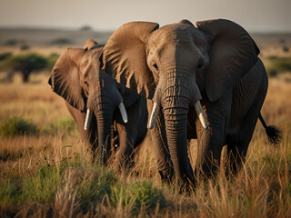 Obraz premium A herd of African elephants walking across the savannah