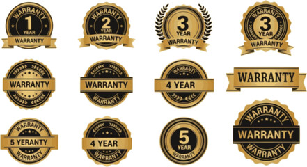 1, 2, 3 and 5 year warranty logo set in golden color vector illustration. One, two, three and five year Warranty labels, stamp designs in golden and black color. Set of golden warranty vector template