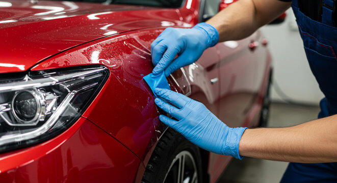 Auto detailer applying clear paint protection film to a luxury red car for scratch prevention and