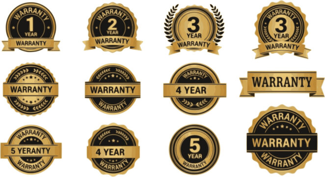 1, 2, 3 and 5 year warranty logo set in golden color vector illustration. One, two, three and five year Warranty labels, stamp designs in golden and black color. Set of golden warranty vector template