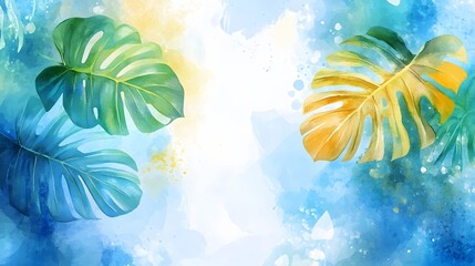 Naklejka premium Watercolor Tropical Monstera Leaves Background