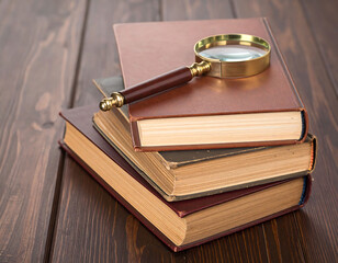 A magnifying glass rests on a stack of aged, leatherbound books atop a dark wooden surface. Represents knowledge, research, investigation, or a vintage aesthetic.