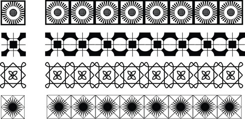 A collection of seamless vector borders and decorative motifs in outline style. Perfect for digital projects, packaging, textile design, invitations, and web graphics.Web