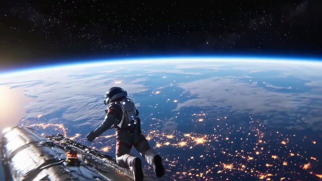Cinematic sequence of an astronaut in orbit: a gloved hand reaches out near a spacecraft, followed by views of the astronaut looking at Earth's city lights, then riding the craft.