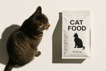 A playful tabby cat next to a sleek, modern cat food package, perfect for pet food marketing, packaging design, or cat care related content.
