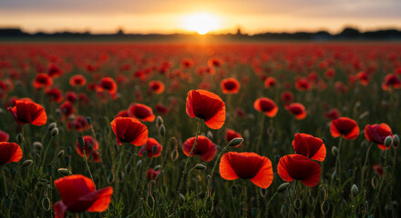 Enchanting poppy field at golden hour red flowers at sunset serene floral landscape in nature s