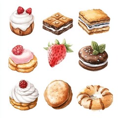 Watercolor clipart set of cookies, tarts, and pastries with fruit toppings. Cute delicious design