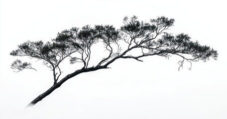 Fototapeta premium Leaning tree silhouette against stark white background