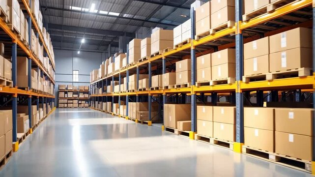 Rows of packaged cardboard boxes on tall metal shelves inside a brightly lit industrial warehouse facility for distribution and storage.