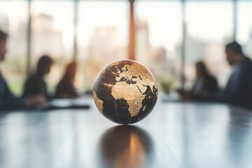 A digital globe with global network connections floating above an office table, representing the concept of international business and connectivity in a corporate setting Generative AI