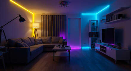 Modern living room with colorful neon LED strip lighting ideas home decor interior design furniture