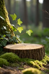 Mossy Tree Stump Podium in Forest for Nature-Based Cosmetic Ads