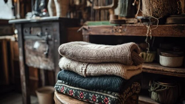 Stacked knitted sweaters on rustic stool within a dimly lit, vintage workshop interior, emphasizing warm, cozy textiles and craftsmanship.