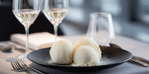 Elegant serving of white dessert scoops on black plate with wine glasses in modern fine dining setting
