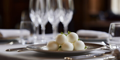 White dessert balls garnished with mint leaves served on ceramic plate in upscale restaurant
