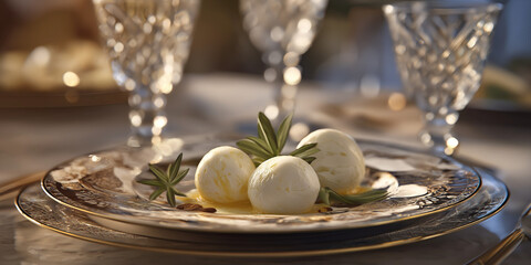 Creamy dessert balls garnished with fresh herbs on ornate plate in luxurious dining setting
