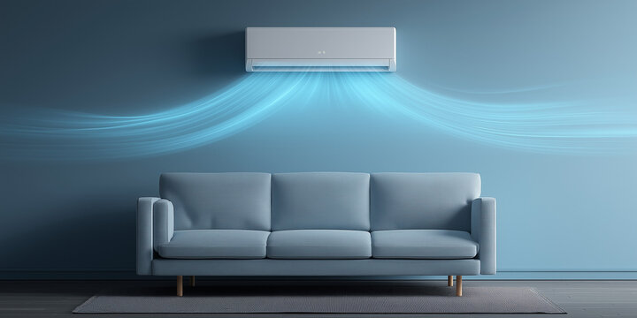 Modern blue sofa beneath air conditioner with cool airflow lines on blue wall background
