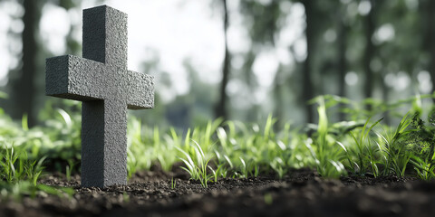 Stone cross headstone in modern green cemetery under daylight surrounded by forest background
