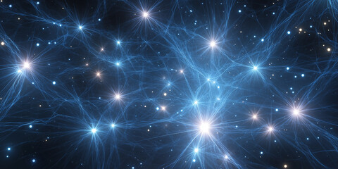 Bright galaxy-inspired neural network visualization with glowing blue and white synaptic nodes

