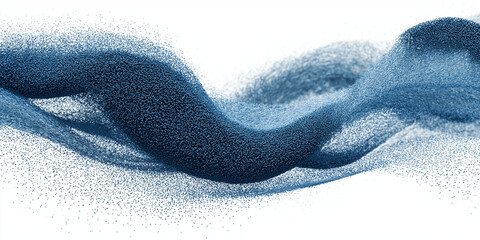 Abstract fine blue particle wave forming soft curves and flowing shapes on a white background
