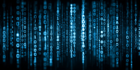 Blue vertical binary code resembling digital rain or matrix effect on dark background
