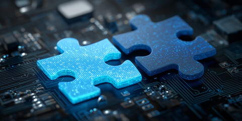 Two puzzle pieces connecting on top of a digital circuit board, symbolizing integration and technology
