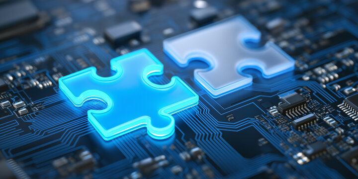 Glowing blue puzzle piece fitting into white piece on detailed motherboard symbolizing synergy and software integration
 - Powered by Adobe