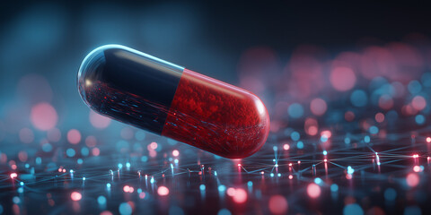 Neon-lit floating medical pill in digital haze with glowing data mesh
