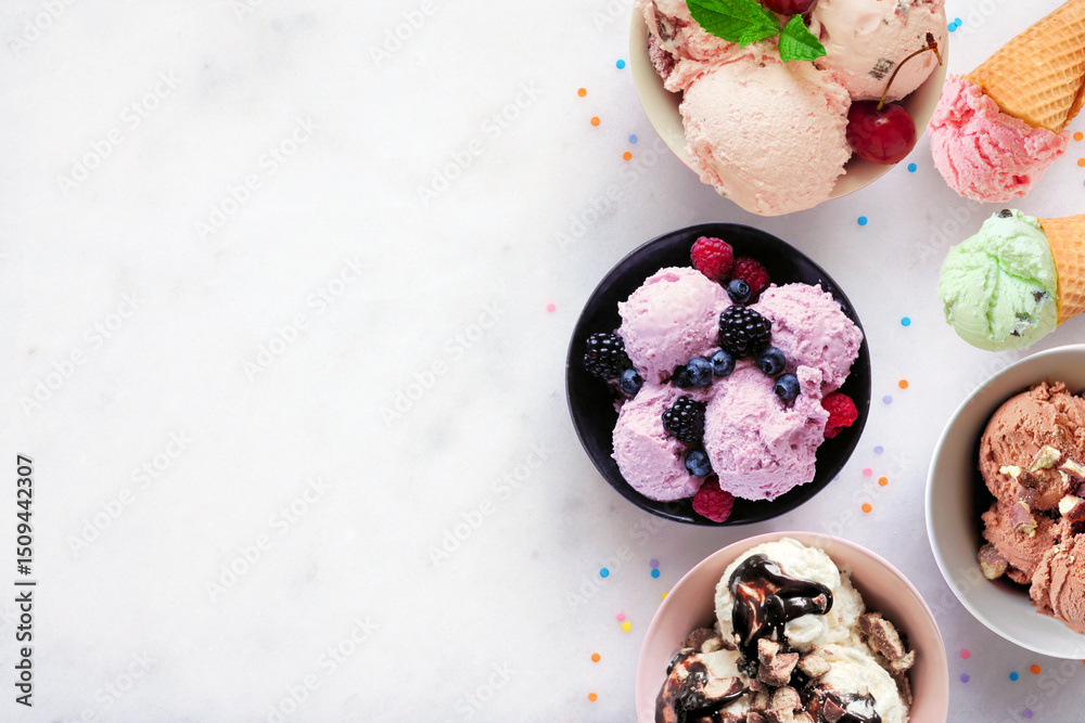 Poster summer ice cream side border. bowls and cones of colorful assorted flavors. top view on a white marb