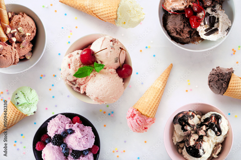 Poster summer ice cream table scene. bowls and cones of colorful assorted flavors. top view on a white marb