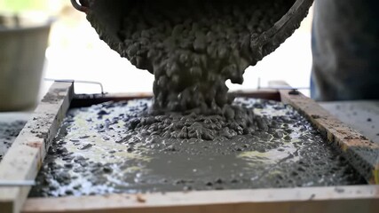 Pouring Wet Concrete into Wooden Mold for Construction and Building Foundation Work                             