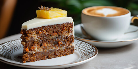 Delicious pineapple carrot cake slice with cream frosting and cappuccino on modern table
