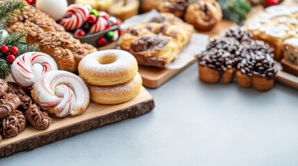 Assorted Holiday Treats on Wooden Boards with Festive Decorations and Colors