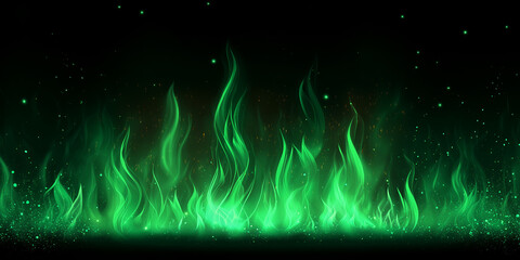 Neon green fire flames with glowing sparks and energy effects on black background
