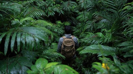 A person walks through a thick, vibrant green forest, surrounded by ferns and tropical plants. Raindrops cling to the leaves, creating a refreshing atmosphere in this natural environment