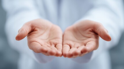 Two open hands are extended forward, symbolizing the willingness to give and receive help. The background is softly blurred, suggesting a medical or caring setting