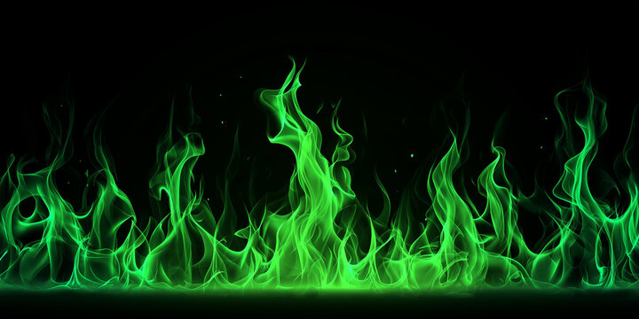 Vivid green fire flames glowing on a dark black background with intense energy
