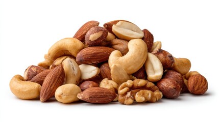 A colorful assortment of mixed nuts including cashews, almonds, walnuts, and hazelnuts is arranged in a random pile on a clean white background, showcasing their rich textures and colors